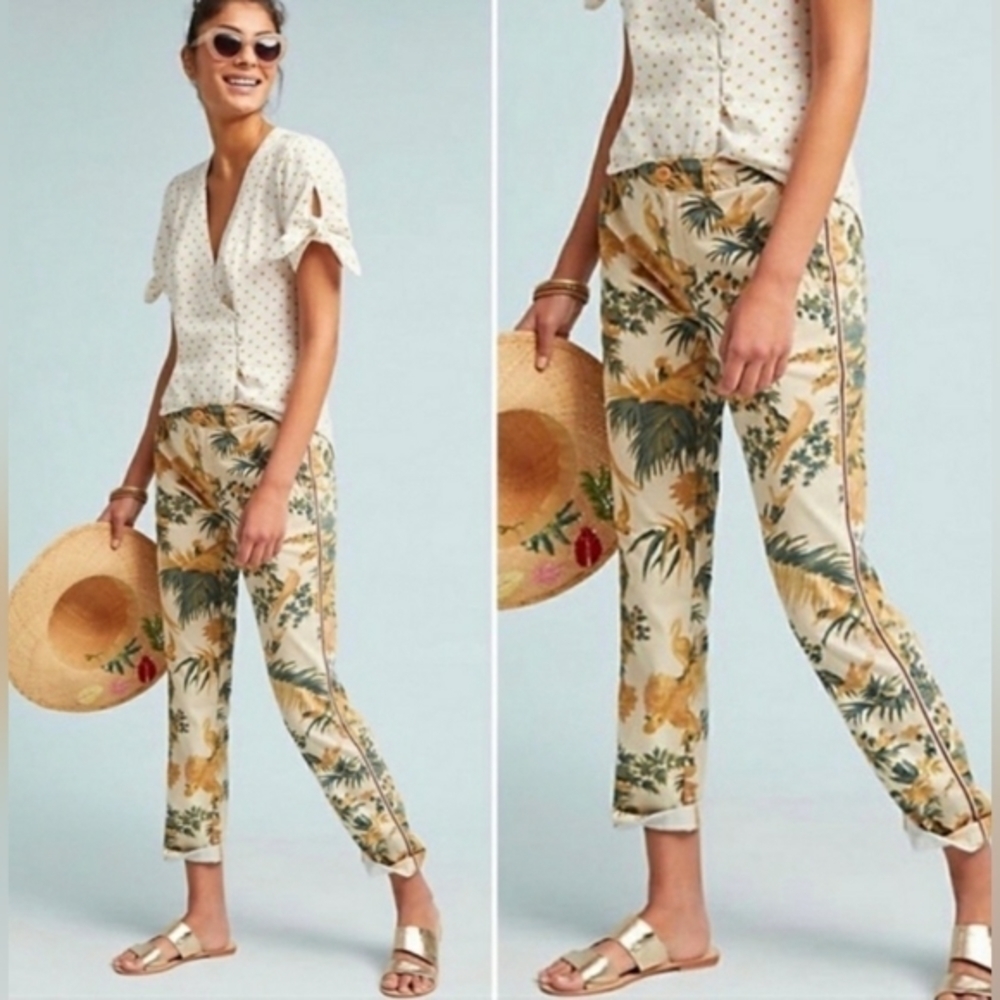 Anthropologie Relaxed Botanical Bird Chino Trousers